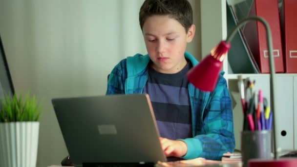 Menino com computador portátil moderno — Vídeo de Stock