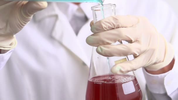 Forskare hälla kemikalier i Erlenmeyerkolven, — Stockvideo