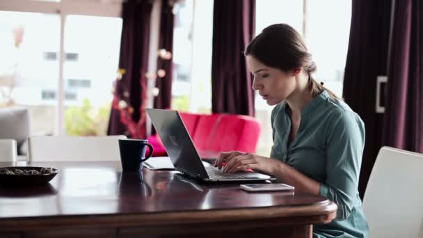 Businesswoman working on laptop in home — Stock Video