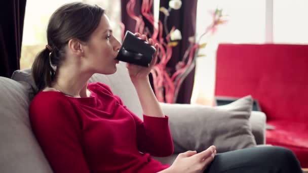 Woman drinking tea on sofa — Stock Video