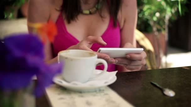Mujer manos mensajes de texto en el teléfono inteligente — Vídeos de Stock