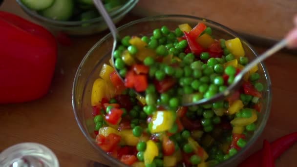 Colher misturando salada de legumes em tigela — Vídeo de Stock