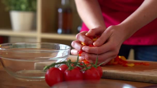 Hullott a tál apróra vágott paprika — Stock videók