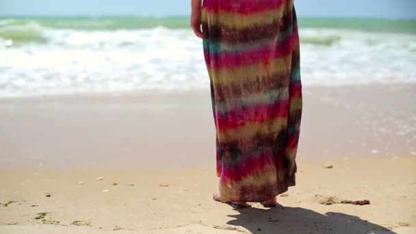 Жінка стоїть на пляжі — стокове відео