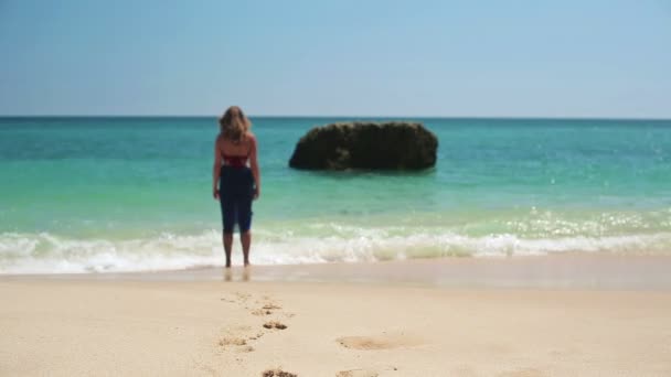 Donna in piedi sulla spiaggia — Video Stock