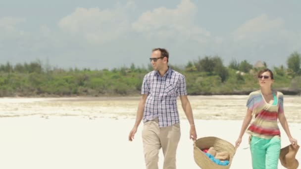 Pareja con cesta de picnic en la playa — Vídeos de Stock