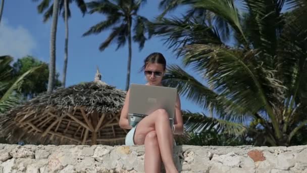 Kobieta pracuje na laptopie na plaży — Wideo stockowe