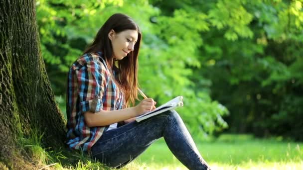 Student doing homework in notebook in park — Stock Video