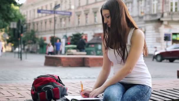 Schüler macht Hausaufgaben im Notizbuch — Stockvideo