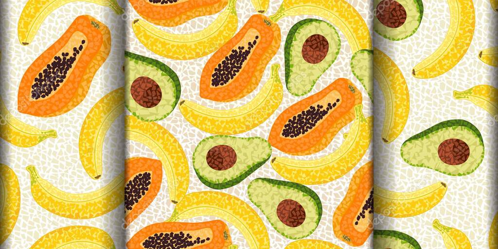 Set of patterns with tropical fruits in mosaic style with small polygonal shapes. Seamless vector patterns with papaya, avocado, banana.