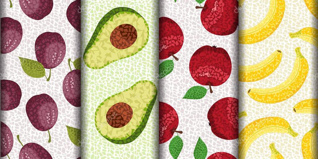 Set of pattern with fruits in mosaic style with small polygonal shapes. Seamless vector pattern with plum, avocado, apple, banana.