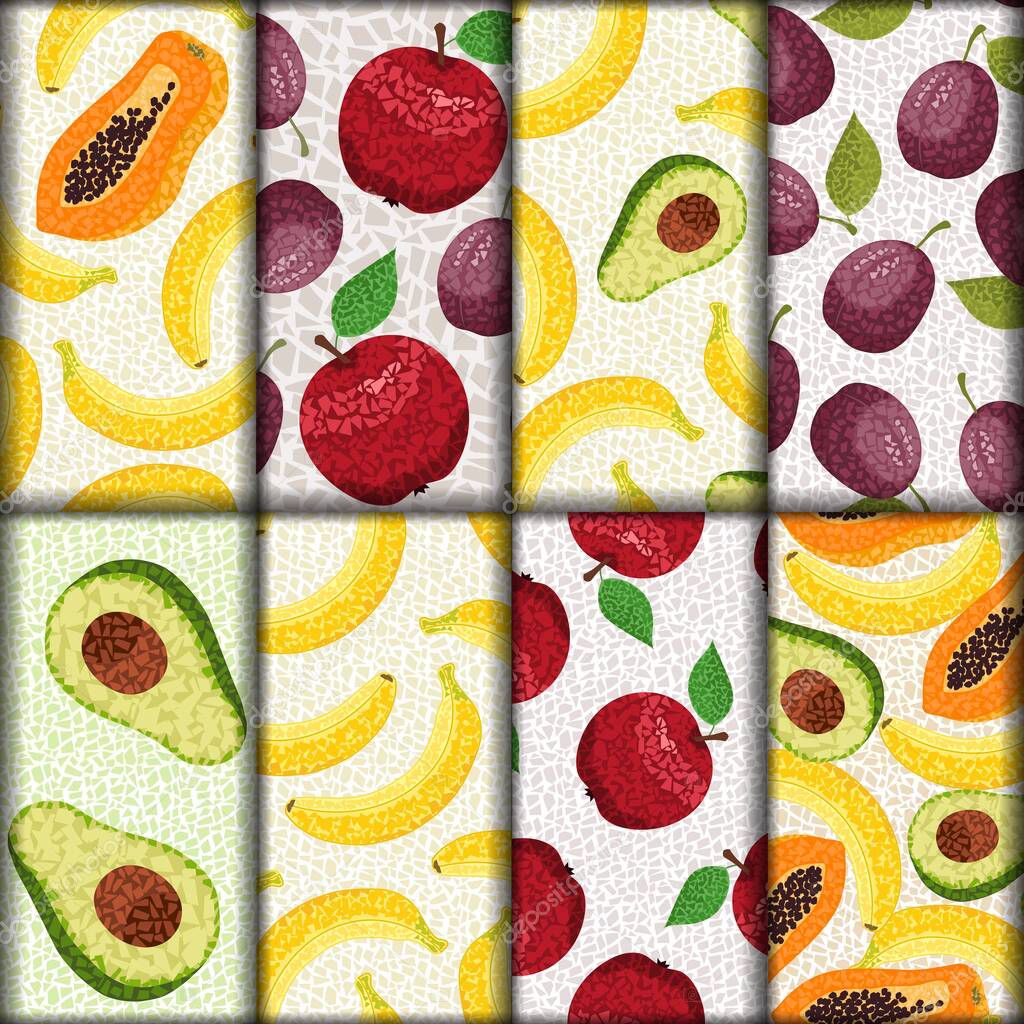 Set of patterns with fruits in mosaic style with small polygonal shapes.