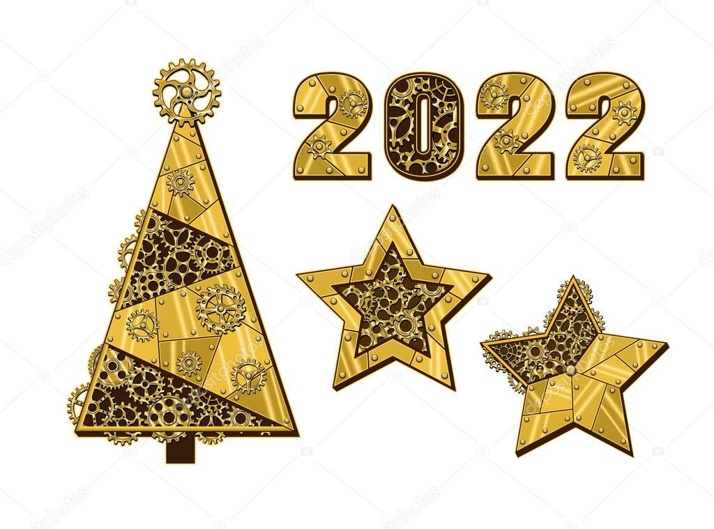 Set of christmas tree, stars, numbers 2022 made of shiny brass, gold metal plates, gears, cogwheels, rivets in steampunk style. Vector illustration.