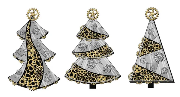 Conjunto Árboles Navidad Hechos Placas Metal Plateado Brillante Engranajes Oro — Archivo Imágenes Vectoriales