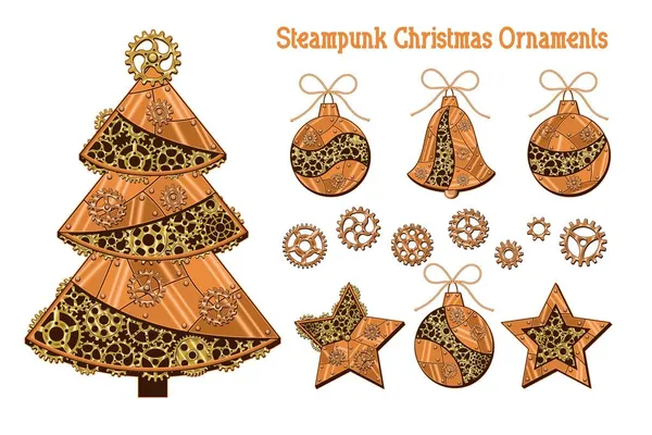 Conjunto Árbol Navidad Bola Estrella Campana Engranajes Hechos Placas Metálicas — Archivo Imágenes Vectoriales
