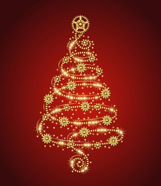 Altın noel ağacı, dişliler, pırıltılar ve kırmızı arka plandaki dağınık yıldızlarla dolu noktalı çizgiden yapılmıştır. Hassas spiral şekil. Vektör