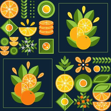 Limon, limon, turuncu, basit geometrik tarzda kusursuz bir arka plan. Soyut şekiller. Markalaşma, gıda paketinin dekorasyonu, kapak tasarımı, dekoratif baskı, arka plan için iyi. Bauhaus 'a ilham kaynağı