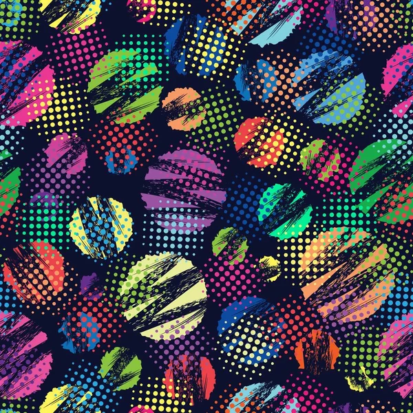 Abstract Seamless Pattern Circles Zigzag Paint Brush Stroke Halftone Elements — Vetor de Stock