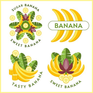 Logolar, amblemler, sarı muzlu rozetler, muz çiçekleri, yapraklar, dilimler, bir sürü muz. Gıda ambalajları, bakkaliye, tarım mağazaları, reklamlar için iyi. Düz biçim