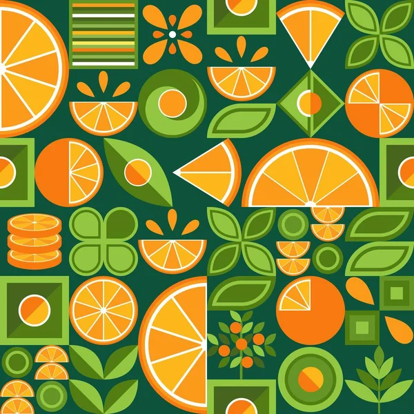 Seamless background with oranges in simple geometric style. Abstract shapes. Good for branding, decoration of food package, cover design, decorative print, background. Inspired Bauhaus. — Stock Vector