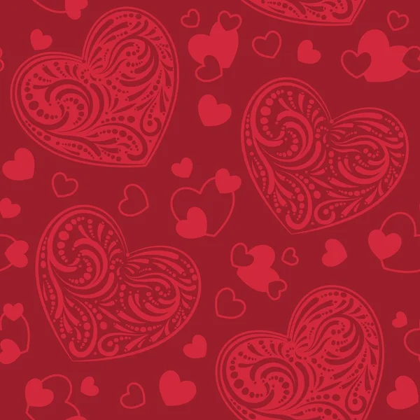 Low Contrast Red Background Big Lacy Hearts Silhouettes Small Hearts — Stok Vektör