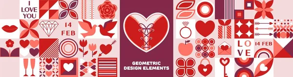 Set of modern geometric elements for Valentines day in minimal style. Good for banner, flyer, social media, greeting card template. Vector romantic symbols, abstract shapes. — 스톡 벡터
