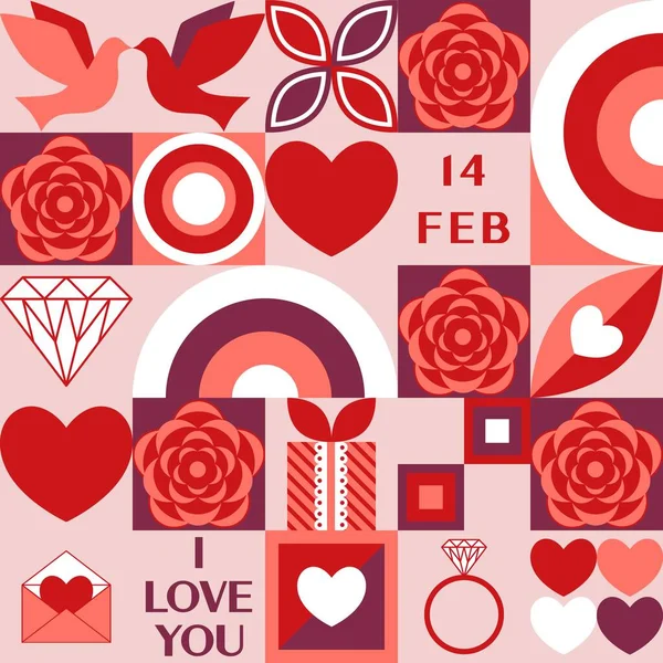 Valentines Day Seamless Background Dove Rose Rainbow Diamond Heart Present — 스톡 벡터