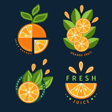 Logolar, amblemler, turuncu, yeşil yapraklı rozetler, meyve dilimleri. Gıda ambalajları, bakkaliye, tarım mağazaları, reklamlar için iyi. Düz biçim