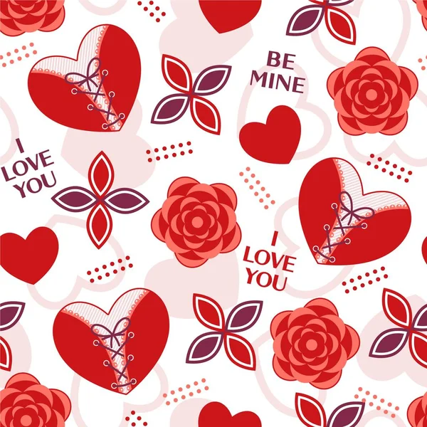 Valentines day seamless background with romantic symbols, hearts, rose, dots, phrases I love you, Be mine. Vector pattern for decoration of wedding, engagement event, Valentines Day — 스톡 벡터