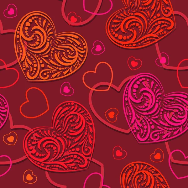 Красный Фон Коралловыми Кружевными Сердцами Силуэтами Контурами Маленьких Сердец Бесшовный — стоковый вектор