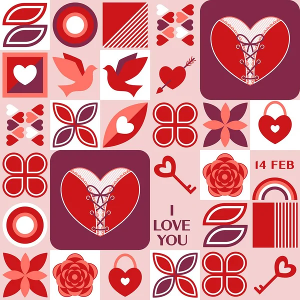 Valentines day seamless background with romantic symbols, abstract geometric shapes. Vector pattern for social media, website, posters, coupons, promotional prints. — Vettoriale Stock