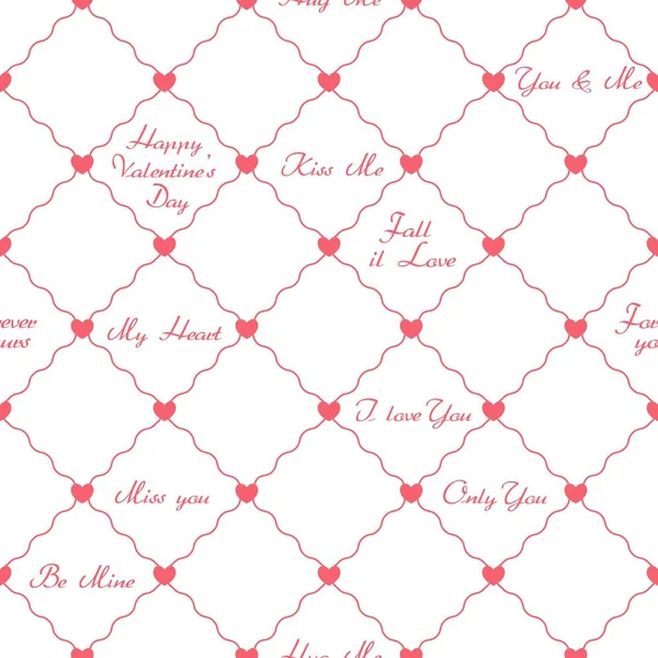 Seamless pattern with diagonal grid, thin wavy lines, small hearts, short love phrases. Vector pattern for decoration of wedding, engagement event, Valentines day — 스톡 벡터