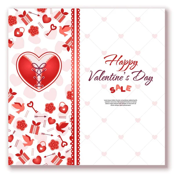 Valentines day sale banner, vertical border, holiday objects, copy space on white background. Vector template for greeting cards, love creative concept, gift voucher, invitations, prints, promo. — Vettoriale Stock