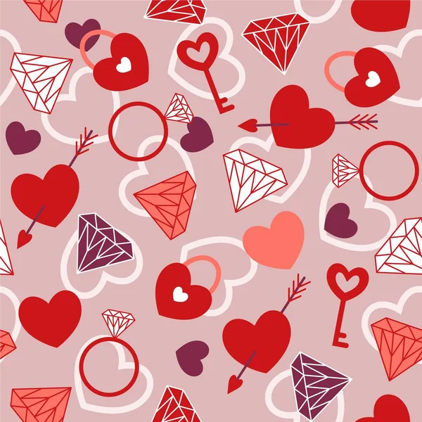 Sevgililer Günü Nde Romantik Semboller Kalp Aşk Oku Asma Kilit — Stok Vektör