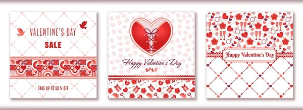 발렌틴의 날을 위한 네모난 판매 깃발을 수평으로 구성하고 텍스트를 위한 장소를 설정 합니다. 심장, 장미, 비둘기, 호저 화살, 자물쇠와 열쇠와 같은 발렌틴의 날을 상징하는 선물 이사 용되고 있다. — 스톡 벡터