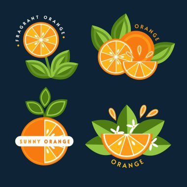 Logolar, amblemler, turuncu, yeşil yapraklı rozetler, meyve dilimleri. Gıda ambalajları, bakkaliye, tarım mağazaları, reklamlar için iyi. Düz biçim