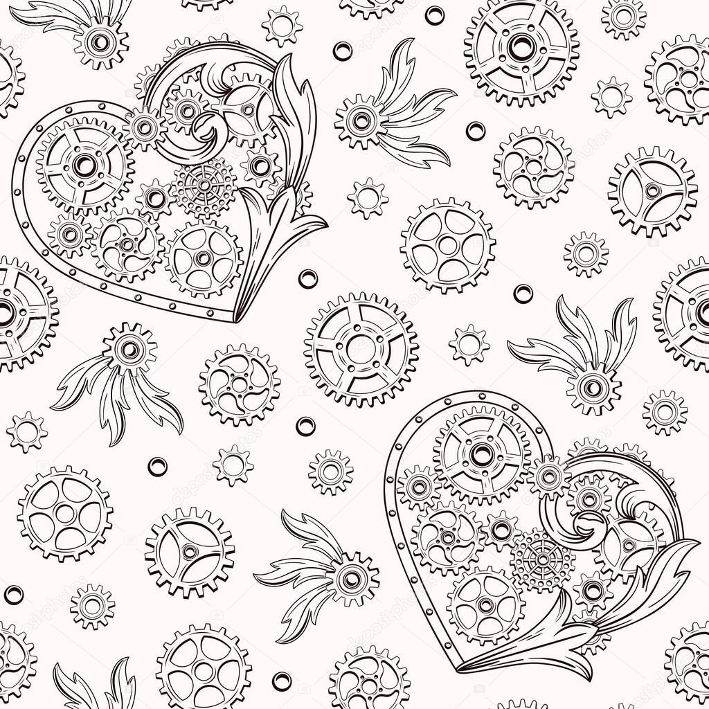 Seamless pattern with heart decorated in victorian style, gears and rivets. Black elements on a white background.