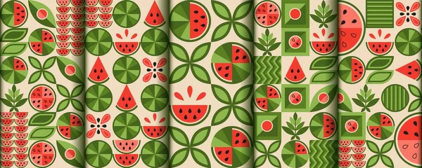 Set Seamless Patterns Watermelon Elements Various Simple Geometric Shapes Leaves — Stock Vector