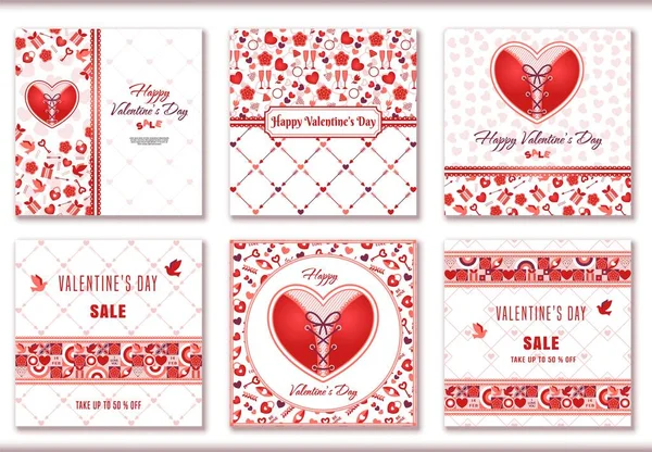 Set Banner Vendita Quadrati San Valentino Con Simboli Romantici Grande — Vettoriale Stock