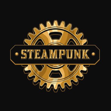 Parlak altın şanzımanlı parlak renkli vintage etiketi ve metin için yatay alanı var. Steampunk stilinde yuvarlak amblem.
