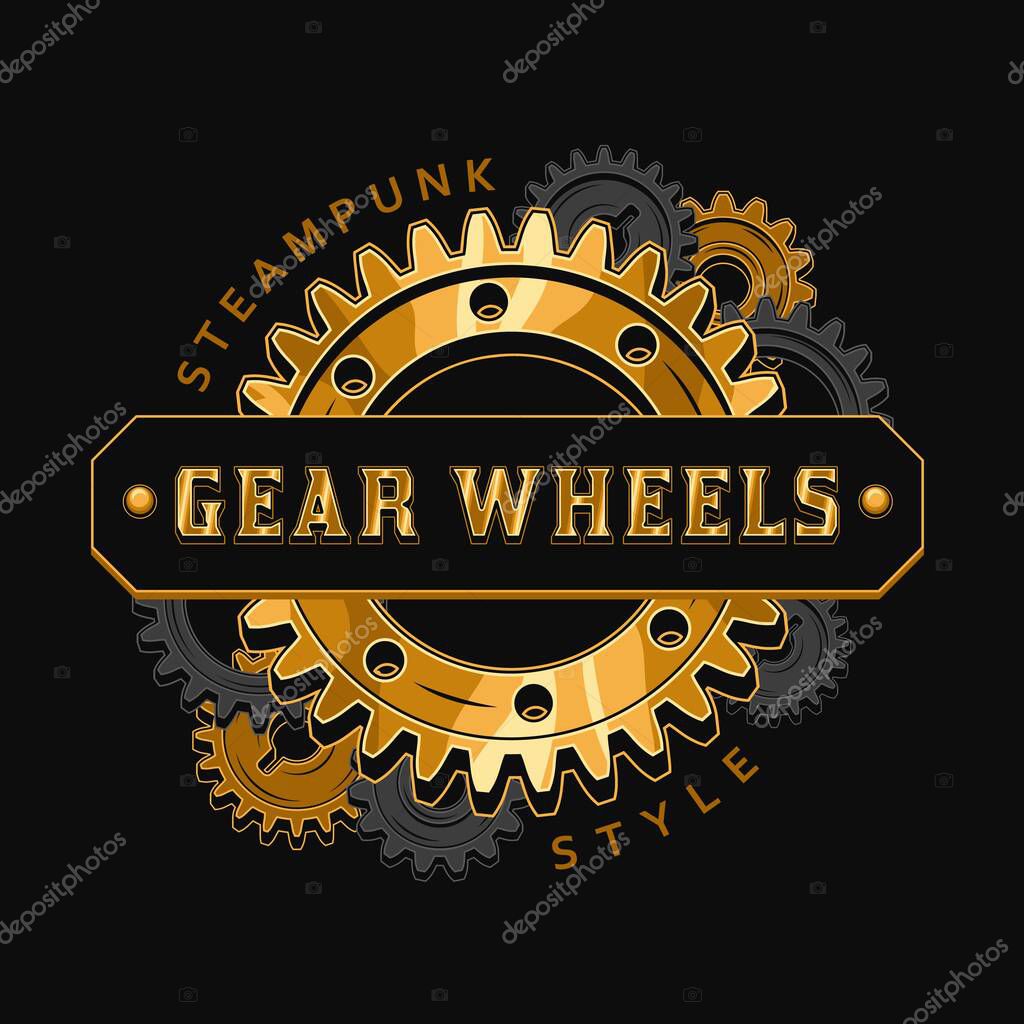 Bright colorful vintage label with black cast iron and glossy gold gearwheels, horizontal space for text. Round emblem in steampunk style.
