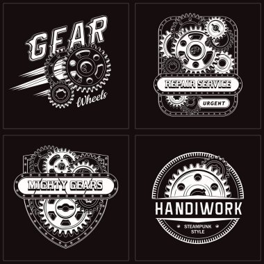 Vites tekerleri, metal rayları, perçinleri, yazıları olan monokrom klasik etiket seti. Siyah arkaplanda steampunk biçiminde beyaz amblemler.