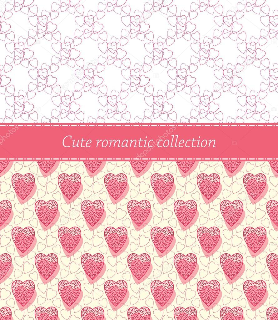 Romantic seamless patterns set with pink hearts