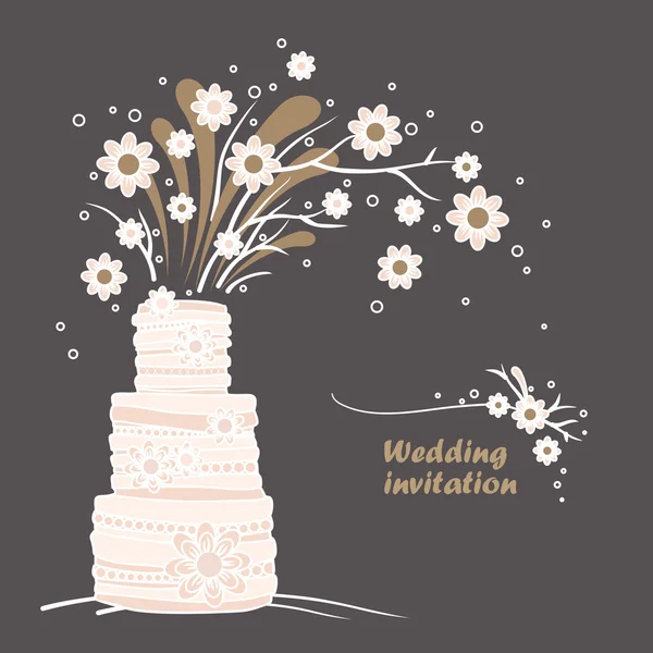 Vintage Hochzeitseinladungskarte Vorlage. Hochzeitstorte und Blumen Illustration — Stockvektor
