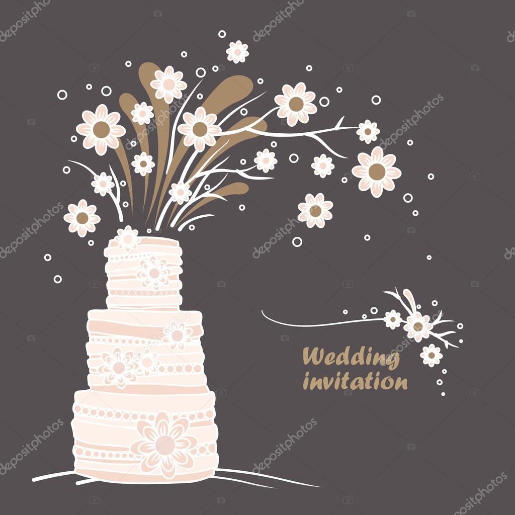 Vintage Wedding invitation card template. Wedding cake and flowers illustration