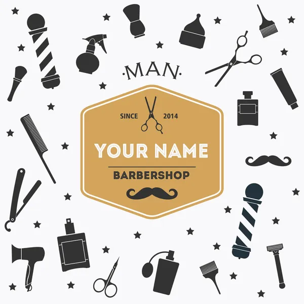 Kuaför Dükkanı vintage arka plan Kuaför Salonu etiketli ve araçları