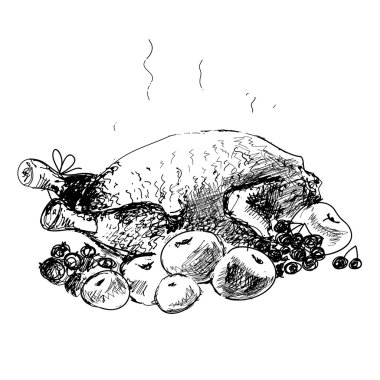 elma ile tavuk. el çizilen illüstrasyon