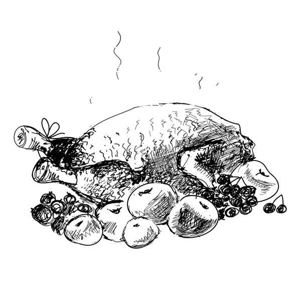 Huhn mit Äpfeln. Handgezeichnete Illustration — Stockvektor