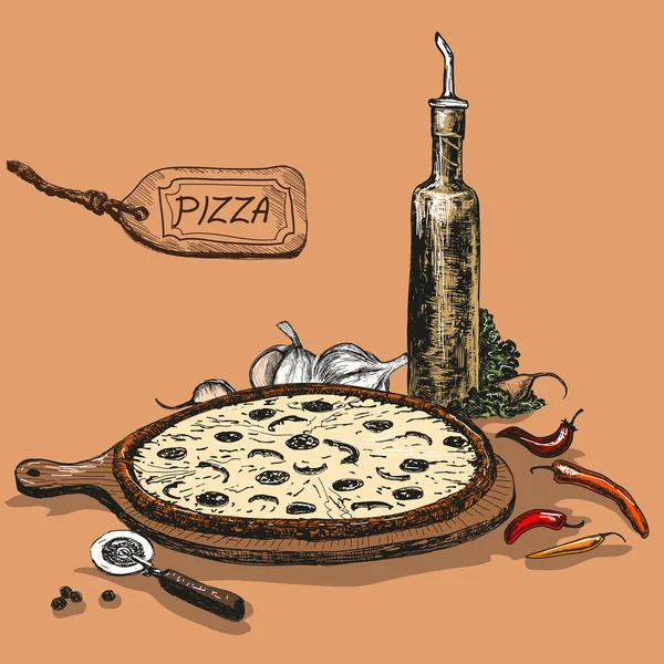 Pizza con botella de aceite de ajo — Vector de stock