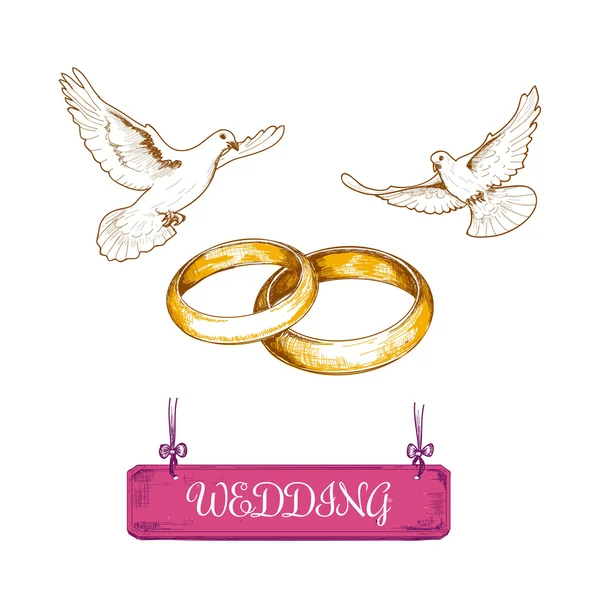 Anillos de boda y palomas — Vector de stock